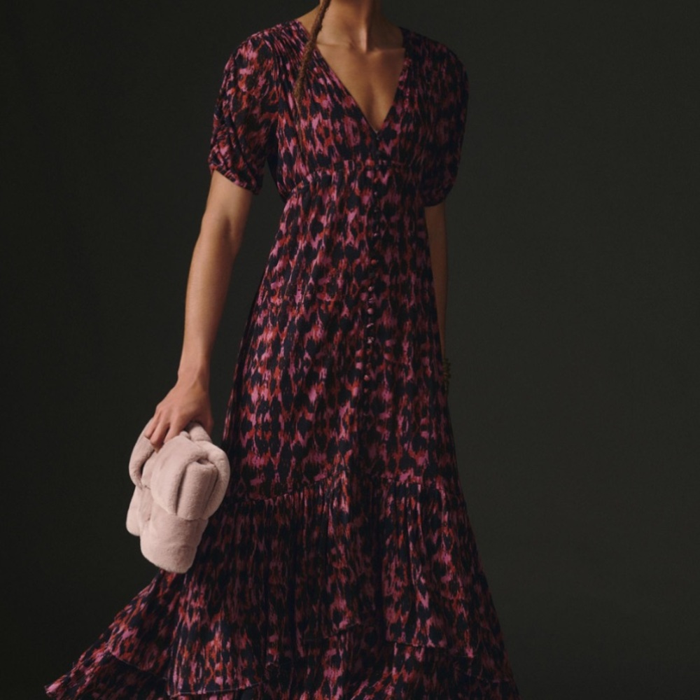 Anthropologie Pink and Black Printed Maxi Dress